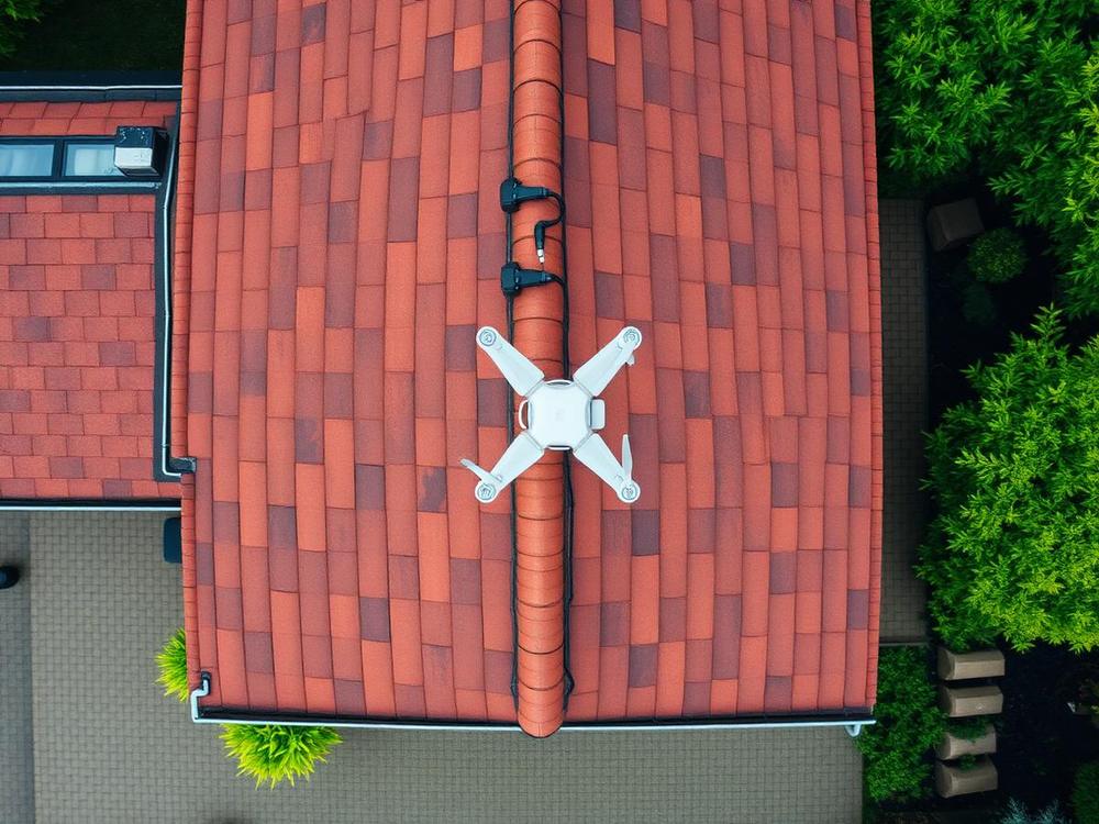 Aerial drone view of a tiled British roof