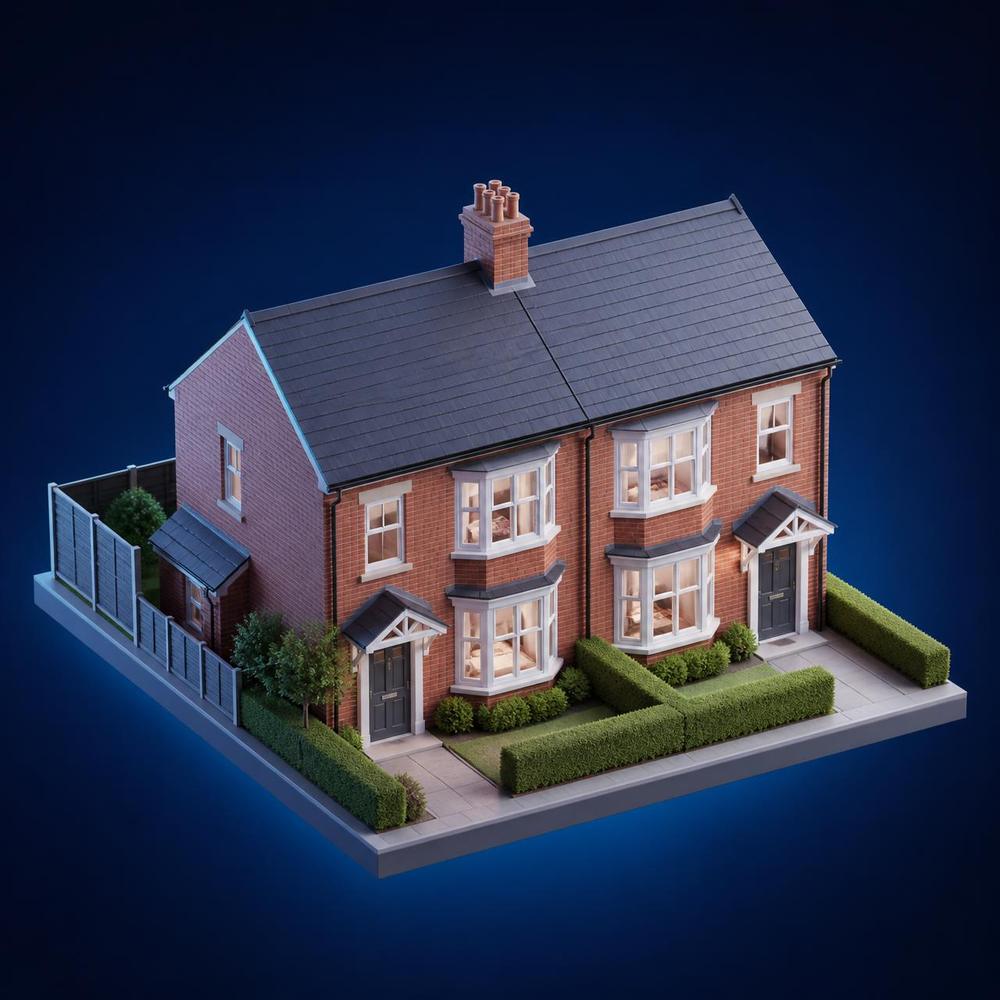 Three-dimensional model of a British semi-detached house with a slate roof