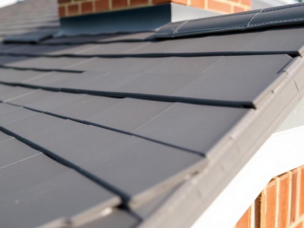 Close-up of slate roof tiles and ridge line