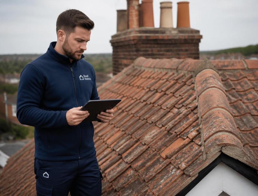 Roof Health Specialist recording an inspection on a tablet